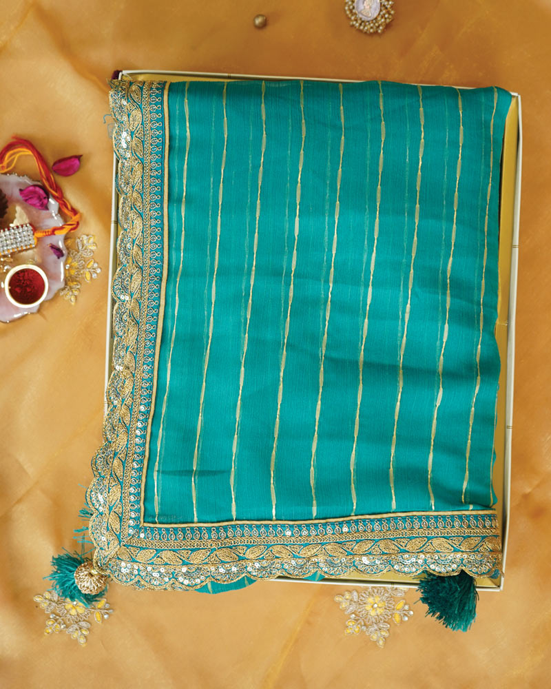 Turquoise Green Designer Fancy Chiffon Saree With Zari-Embroidery Work And Cut Work Border