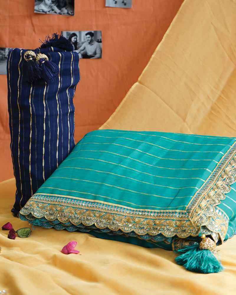 Turquoise Green Designer Fancy Chiffon Saree With Zari-Embroidery Work And Cut Work Border