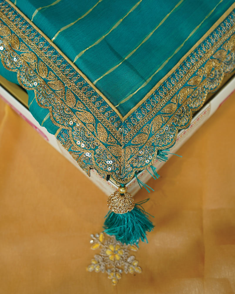 Turquoise Green Designer Fancy Chiffon Saree With Zari-Embroidery Work And Cut Work Border