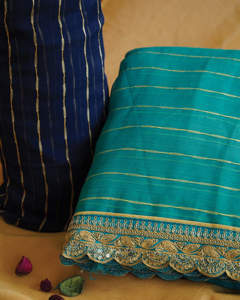 Turquoise Green Designer Fancy Chiffon Saree With Zari-Embroidery Work And Cut Work Border