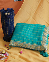 Turquoise Green Designer Fancy Chiffon Saree With Zari-Embroidery Work And Cut Work Border