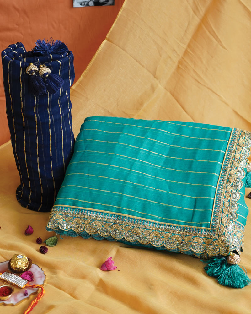 Turquoise Green Designer Fancy Chiffon Saree With Zari-Embroidery Work And Cut Work Border