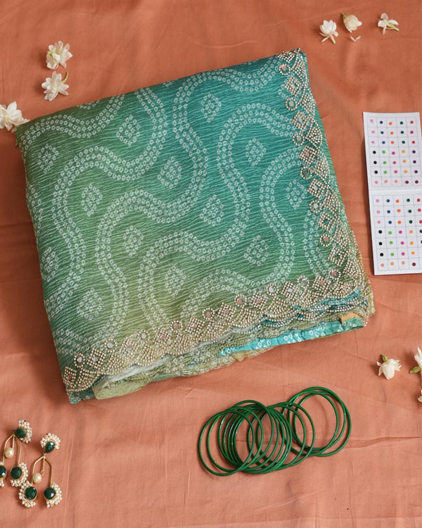 Pastel Teal Green Designer Crushed Tissue Bandhani Print Saree With Diamond Work And Cut Work Border