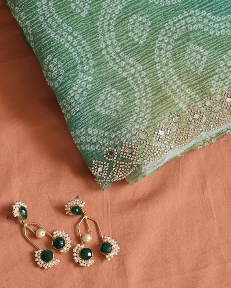 Pastel Teal Green Designer Crushed Tissue Bandhani Print Saree With Diamond Work And Cut Work Border