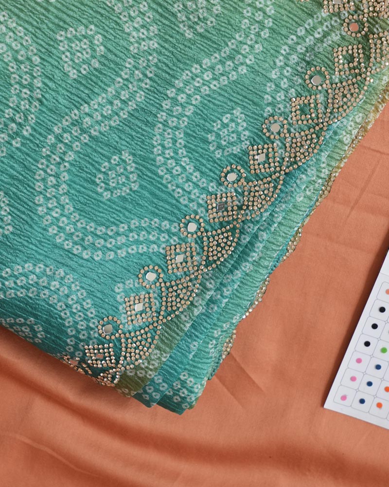 Pastel Teal Green Designer Crushed Tissue Bandhani Print Saree With Diamond Work And Cut Work Border