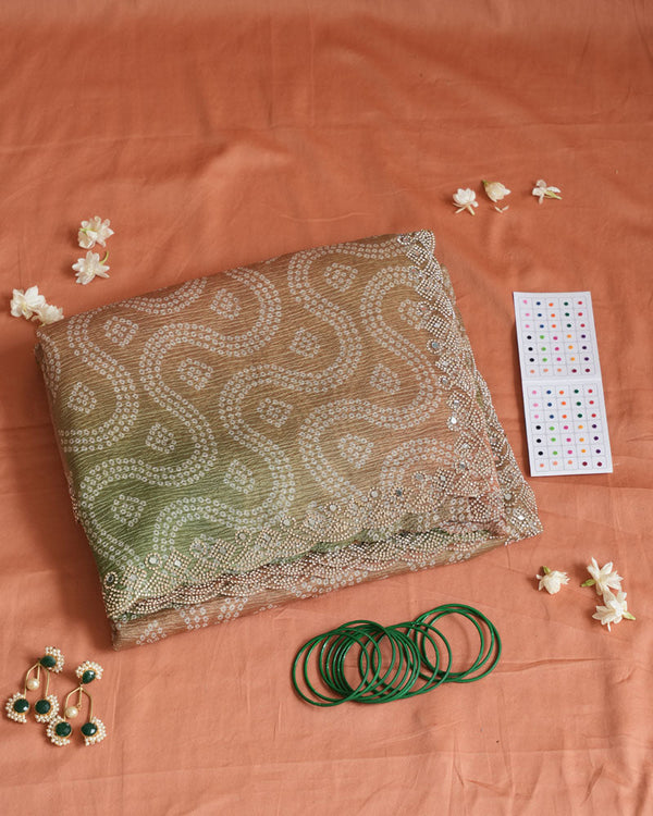 Pale Brown And Lunar Green Designer Crushed Tissue Bandhani Print Saree With Diamond Work And Cut Work Border