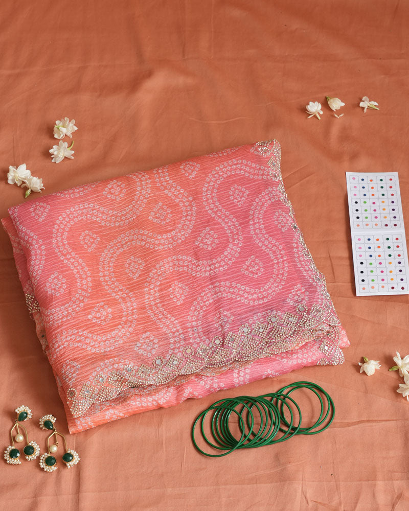 Light Coral And Carmine Pink Designer Crushed Tissue Bandhani Print Saree With Diamond Work And Cut Work Border