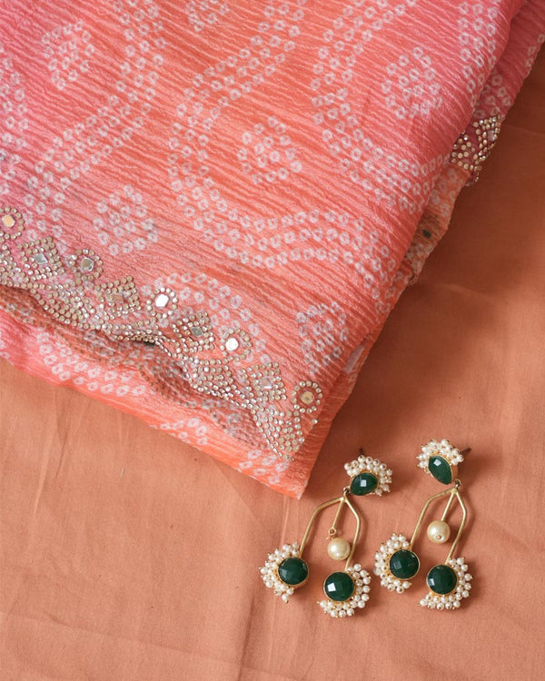 Light Coral And Carmine Pink Designer Crushed Tissue Bandhani Print Saree With Diamond Work And Cut Work Border