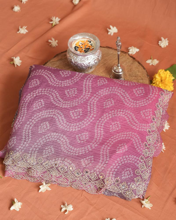 Dusty Pink Designer Crushed Tissue Bandhani Print Saree With Diamond Work And Cut Work Border