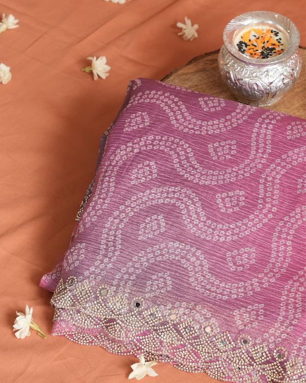 Dusty Pink Designer Crushed Tissue Bandhani Print Saree With Diamond Work And Cut Work Border
