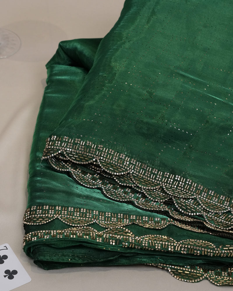 Vishal Prints Jungle Green Tissue Organza Saree With Diamond Work And Cut Work Border