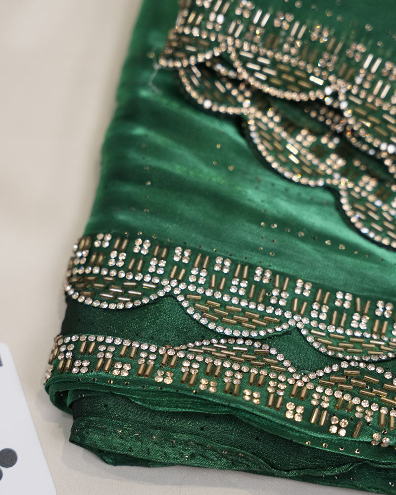 Vishal Prints Jungle Green Tissue Organza Saree With Diamond Work And Cut Work Border