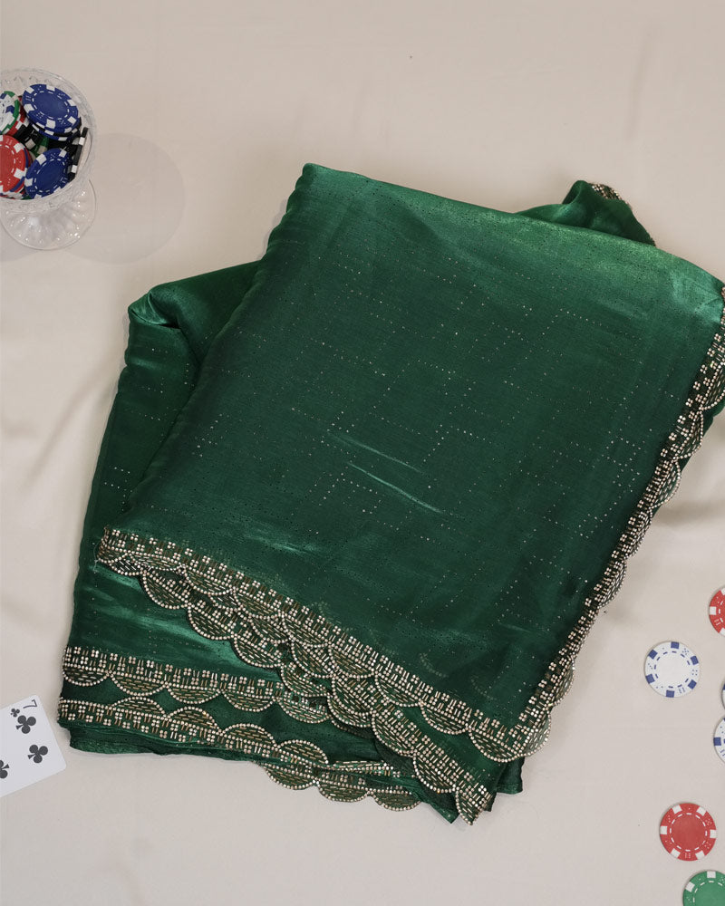 Vishal Prints Jungle Green Tissue Organza Saree With Diamond Work And Cut Work Border