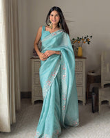 Vishal Prints Aqua Blue Designer Crushed Organza Saree With Embroidery-Diamond Work And Cut Work Border