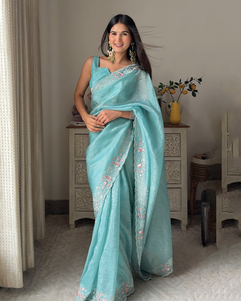 Vishal Prints Aqua Blue Designer Crushed Organza Saree With Embroidery-Diamond Work And Cut Work Border