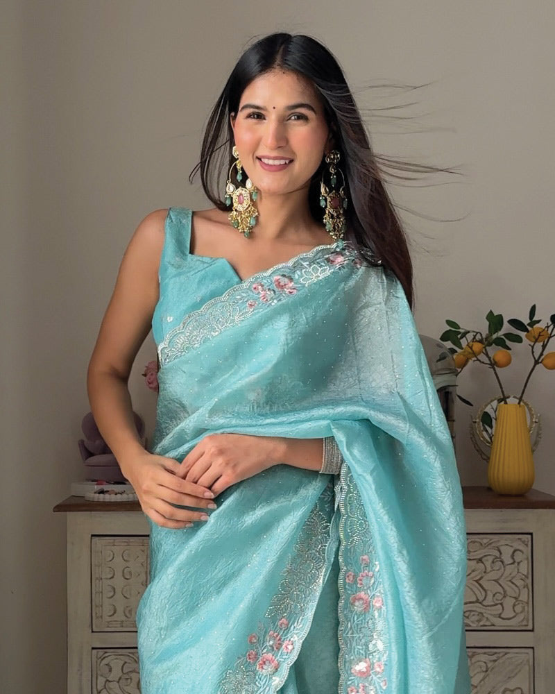 Vishal Prints Aqua Blue Designer Crushed Organza Saree With Embroidery-Diamond Work And Cut Work Border