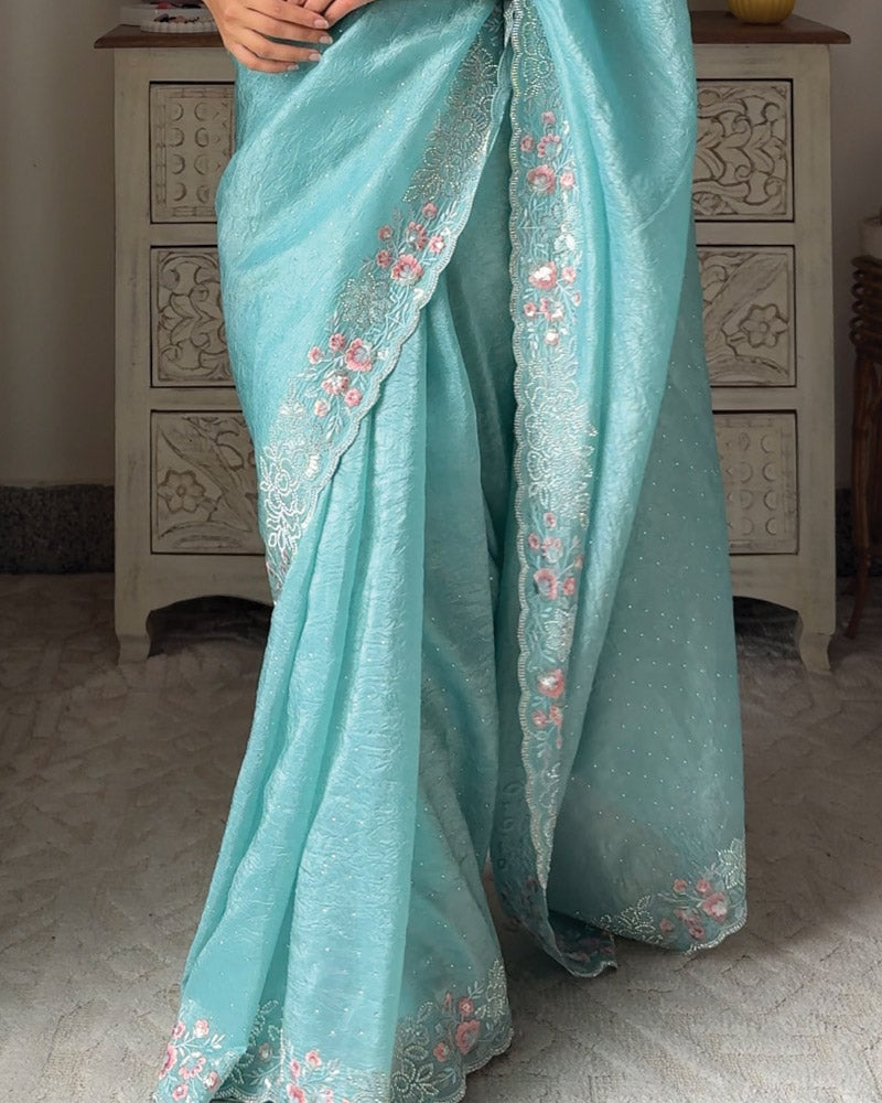 Vishal Prints Aqua Blue Designer Crushed Organza Saree With Embroidery-Diamond Work And Cut Work Border