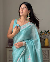 Vishal Prints Aqua Blue Designer Crushed Organza Saree With Embroidery-Diamond Work And Cut Work Border