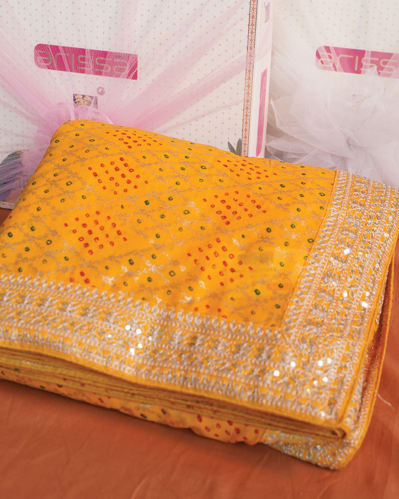 Pure Yellow Designer Fancy Chiffon Saree With Foil Print, Zari-Embroidery Work And Cut Work Border