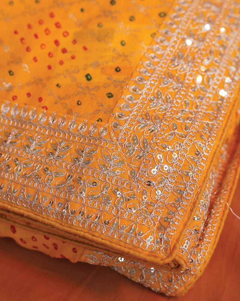 Pure Yellow Designer Fancy Chiffon Saree With Foil Print, Zari-Embroidery Work And Cut Work Border