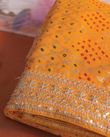 Pure Yellow Designer Fancy Chiffon Saree With Foil Print, Zari-Embroidery Work And Cut Work Border