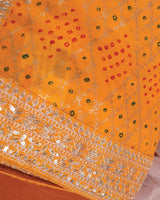 Pure Yellow Designer Fancy Chiffon Saree With Foil Print, Zari-Embroidery Work And Cut Work Border