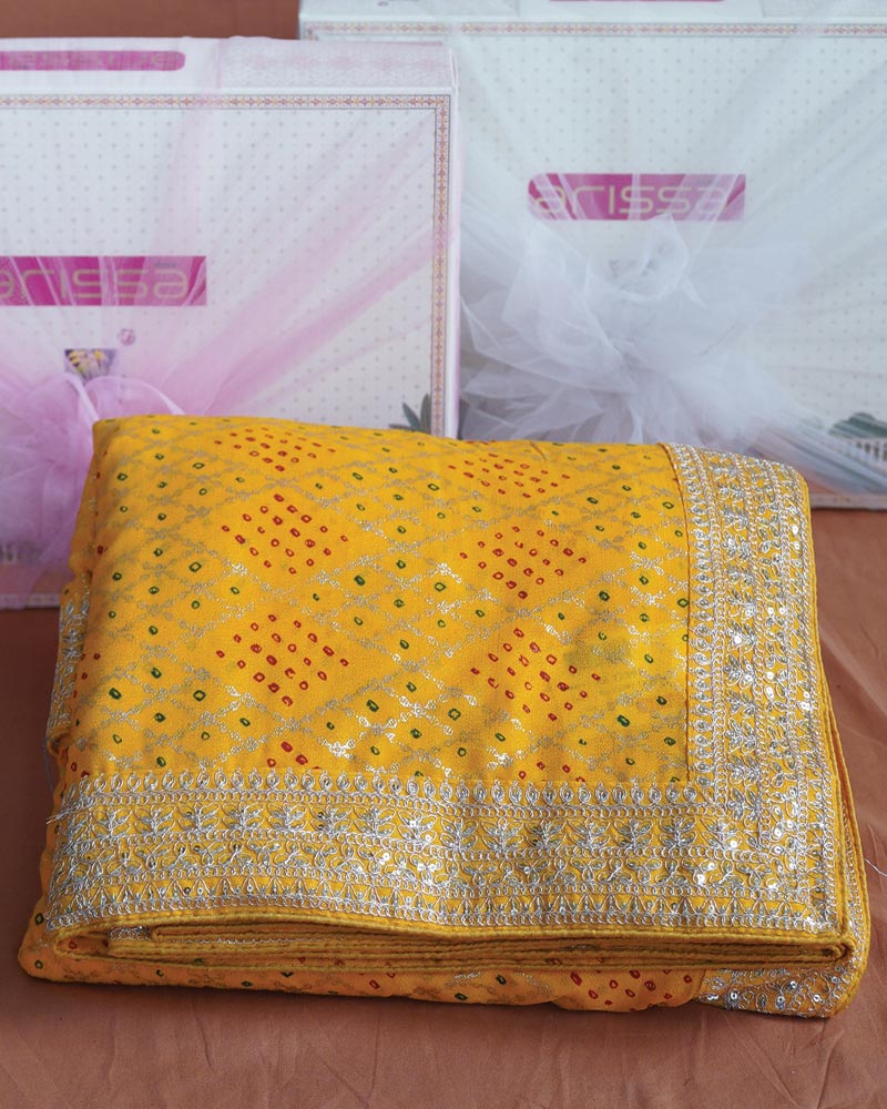 Pure Yellow Designer Fancy Chiffon Saree With Foil Print, Zari-Embroidery Work And Cut Work Border