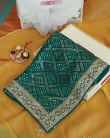 Rama Green Designer Fancy Chiffon Saree With Foil Print, Zari-Embroidery Work And Cut Work Border