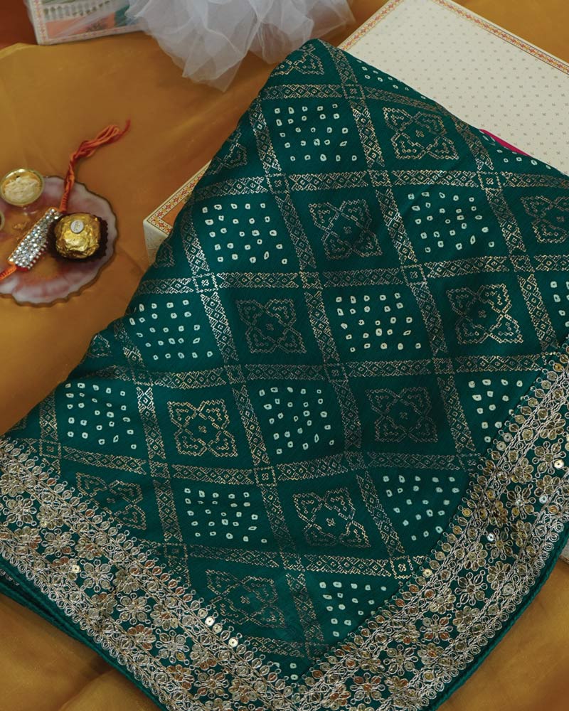 Rama Green Designer Fancy Chiffon Saree With Foil Print, Zari-Embroidery Work And Cut Work Border