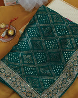 Rama Green Designer Fancy Chiffon Saree With Foil Print, Zari-Embroidery Work And Cut Work Border