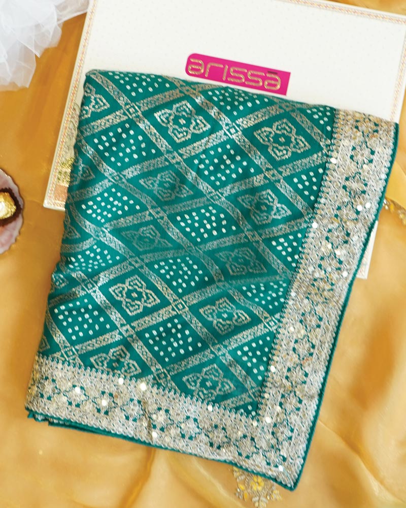 Rama Green Designer Fancy Chiffon Saree With Foil Print, Zari-Embroidery Work And Cut Work Border