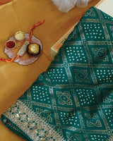 Rama Green Designer Fancy Chiffon Saree With Foil Print, Zari-Embroidery Work And Cut Work Border