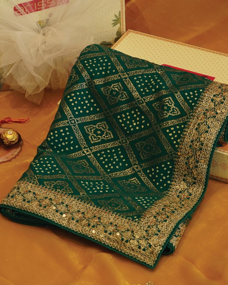 Rama Green Designer Fancy Chiffon Saree With Foil Print, Zari-Embroidery Work And Cut Work Border