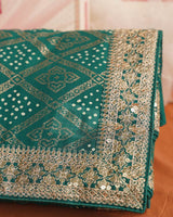 Rama Green Designer Fancy Chiffon Saree With Foil Print, Zari-Embroidery Work And Cut Work Border