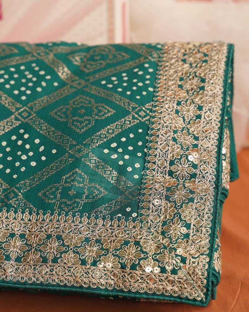 Rama Green Designer Fancy Chiffon Saree With Foil Print, Zari-Embroidery Work And Cut Work Border