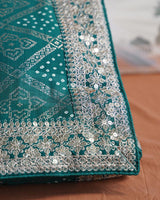 Rama Green Designer Fancy Chiffon Saree With Foil Print, Zari-Embroidery Work And Cut Work Border