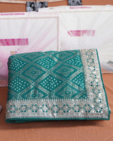 Rama Green Designer Fancy Chiffon Saree With Foil Print, Zari-Embroidery Work And Cut Work Border