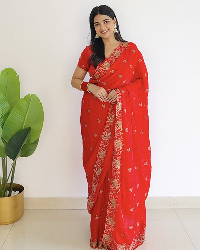 Chili Red Designer Fancy Satin Saree With Zari-Embroidery-Diamond Work And Cut Work Border
