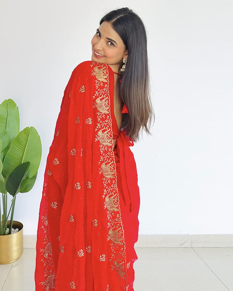 Chili Red Designer Fancy Satin Saree With Zari-Embroidery-Diamond Work And Cut Work Border