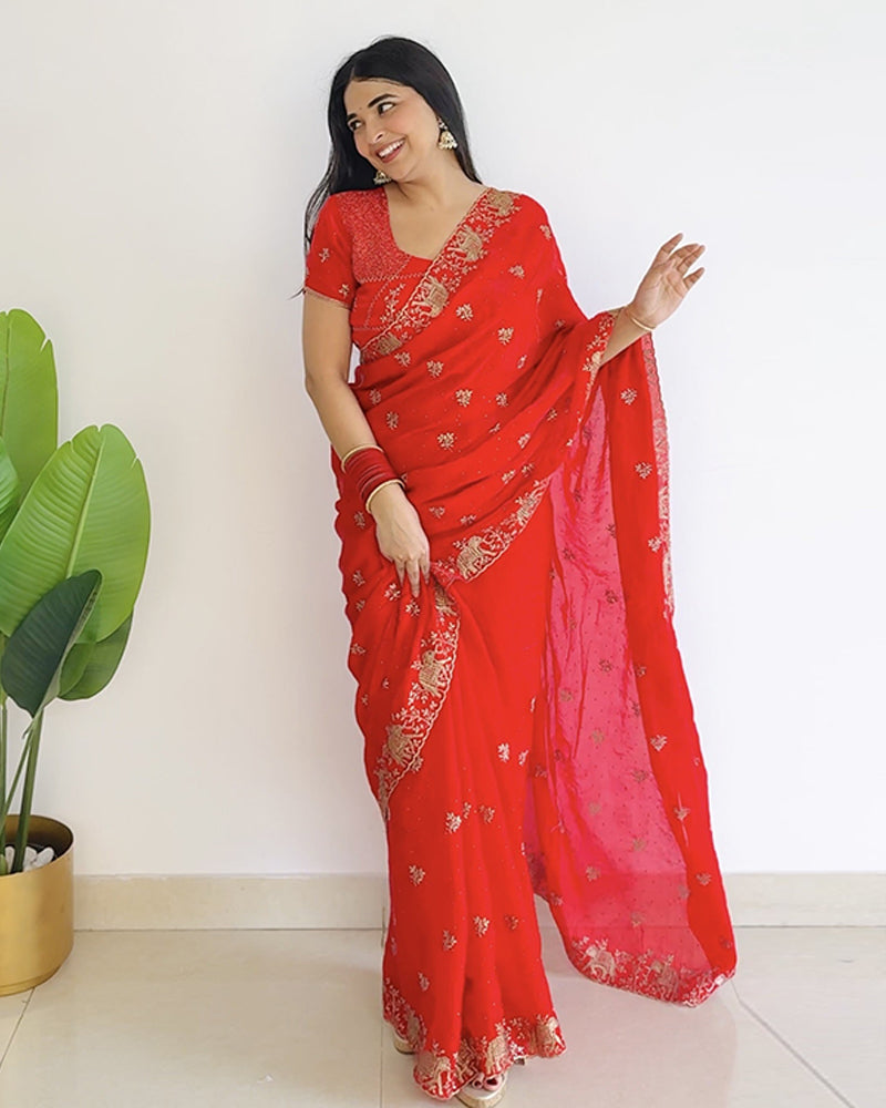 Chili Red Designer Fancy Satin Saree With Zari-Embroidery-Diamond Work And Cut Work Border