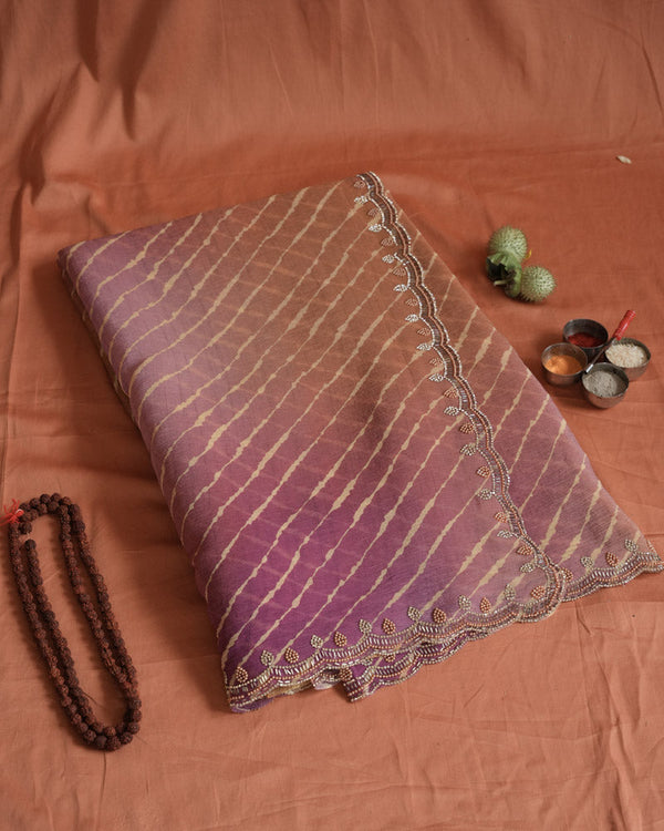 Dark Mauve And Pale Orange Designer Fancy Chiffon Bandhani Print Saree With Diamond Work And Cut Work Border