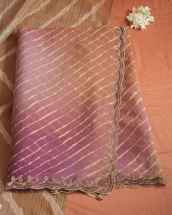 Dark Mauve And Pale Orange Designer Fancy Chiffon Bandhani Print Saree With Diamond Work And Cut Work Border