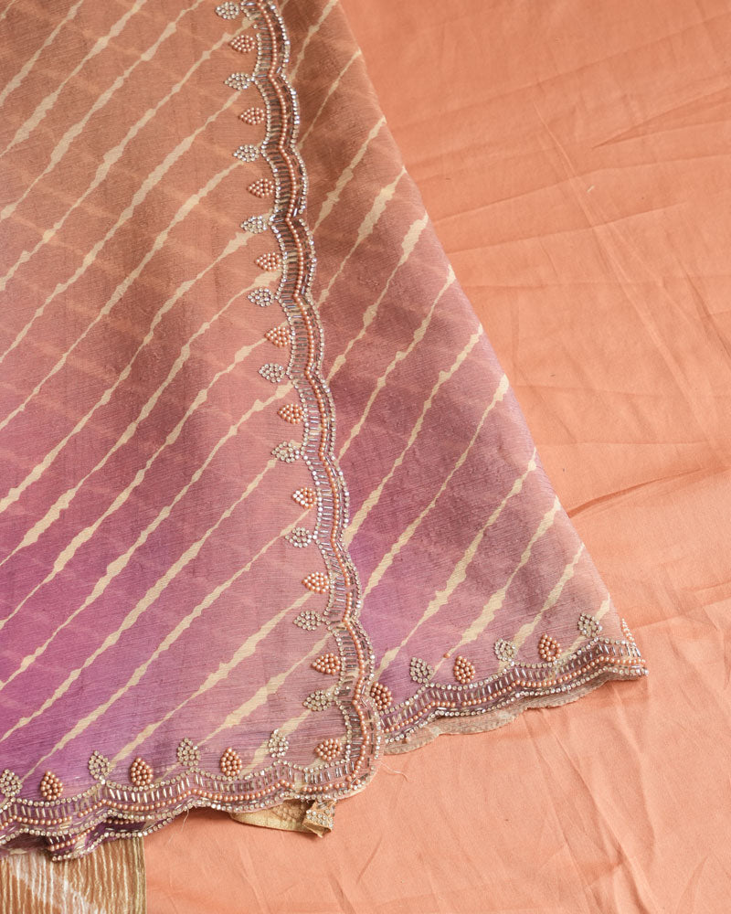 Dark Mauve And Pale Orange Designer Fancy Chiffon Bandhani Print Saree With Diamond Work And Cut Work Border