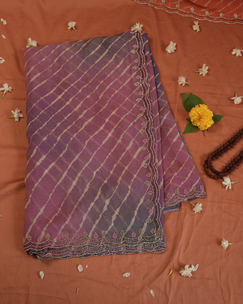 Dark Purplish Mauve Designer Fancy Chiffon Bandhani Print Saree With Diamond Work And Cut Work Border