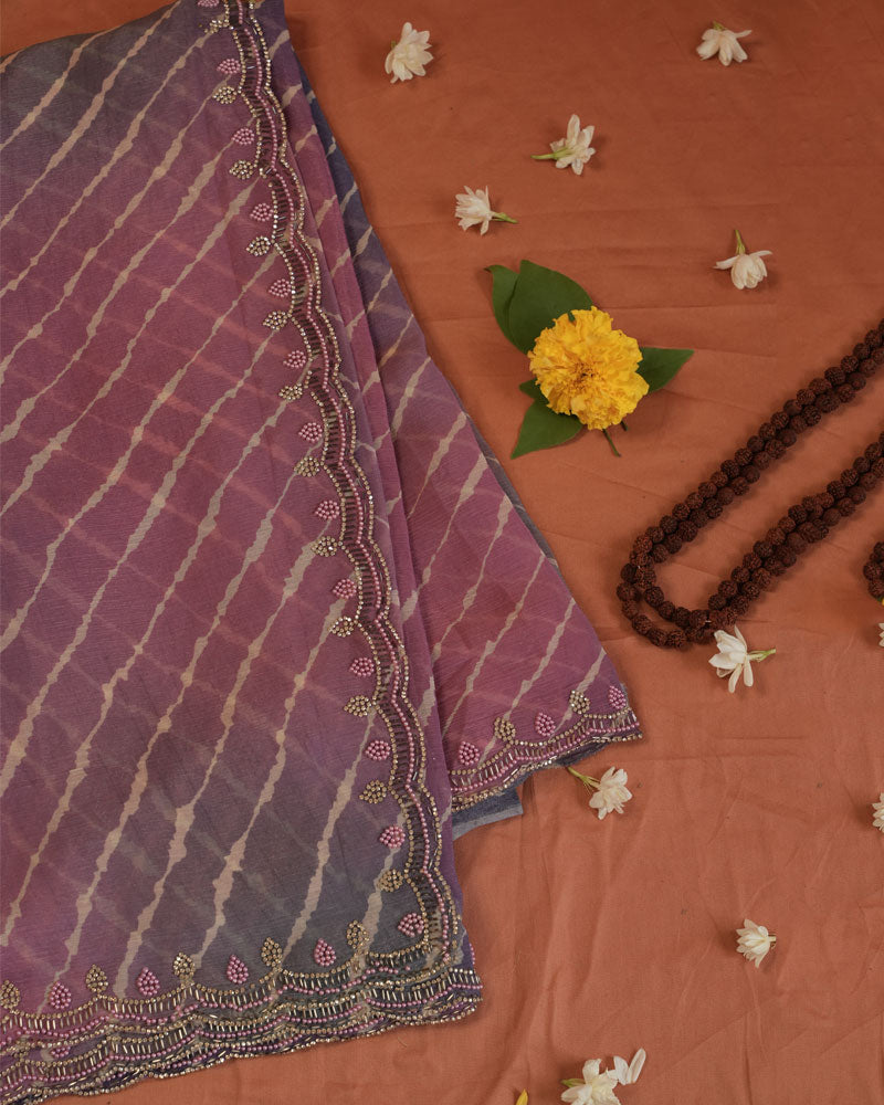 Dark Purplish Mauve Designer Fancy Chiffon Bandhani Print Saree With Diamond Work And Cut Work Border