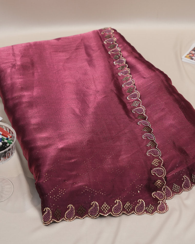 Vishal Prints Wine Tissue Organza Saree With Diamond Work And Cut Work Border