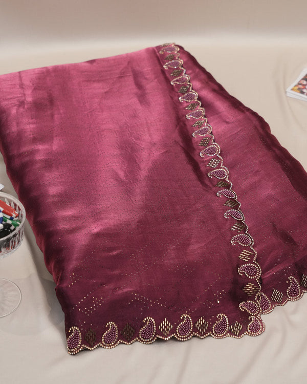 Vishal Prints Wine Tissue Organza Saree With Diamond Work And Cut Work Border