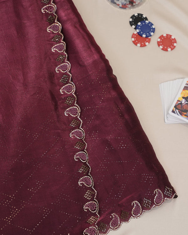 Vishal Prints Wine Tissue Organza Saree With Diamond Work And Cut Work Border