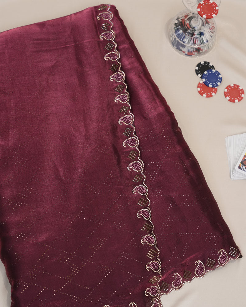 Vishal Prints Wine Tissue Organza Saree With Diamond Work And Cut Work Border