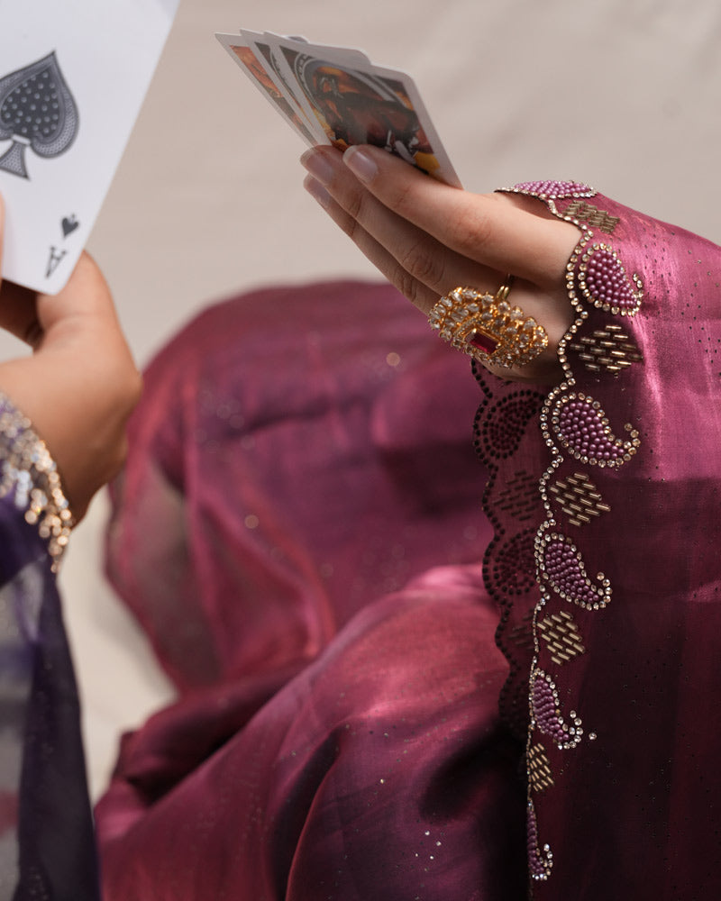 Vishal Prints Wine Tissue Organza Saree With Diamond Work And Cut Work Border